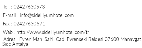 Side Lilyum Hotel telefon numaralar, faks, e-mail, posta adresi ve iletiim bilgileri